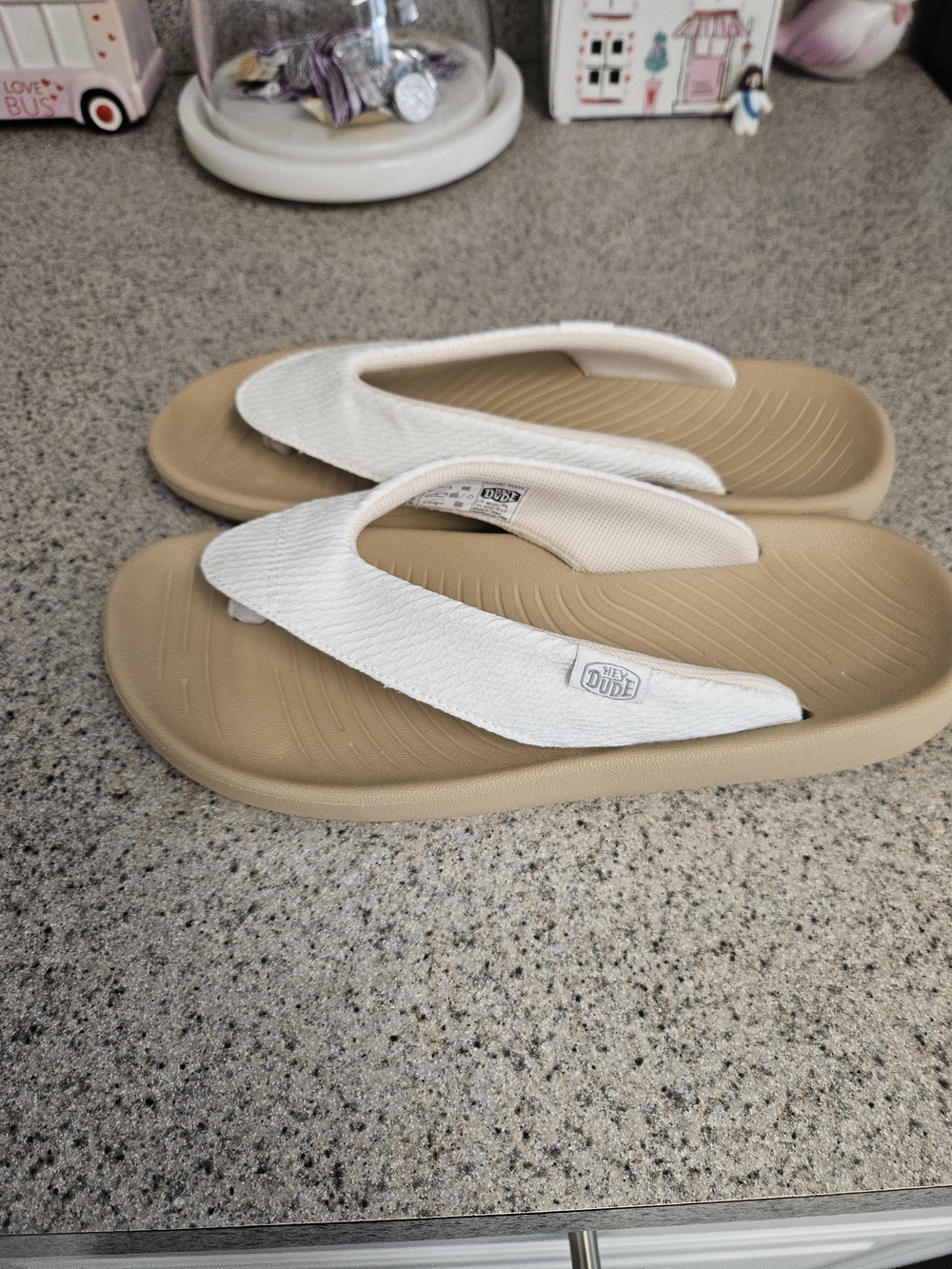 Hey Dude Women's Thong Sandals Slip-On Synthetic Beige White Logo US 8 EU 39